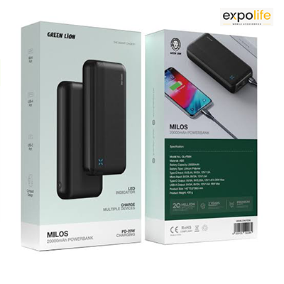 پاوربانک گرین لاین مدل Milos GNMIL20KPBBK ظرفیت 20000 میلی آمپر