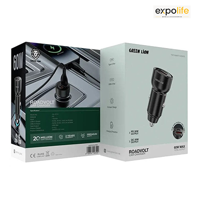 شارژر فندکی 2پورت 1پورت PD گرین لاین 60وات مدل Green Lion ROADVOLT GL-CC14